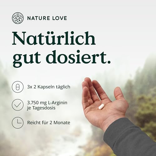 NATURE LOVE® L-Arginin -4500mg (3750mg L-Arginin) Tagesdosis - Maisfermentation - DE, vegan, laborgeprüft