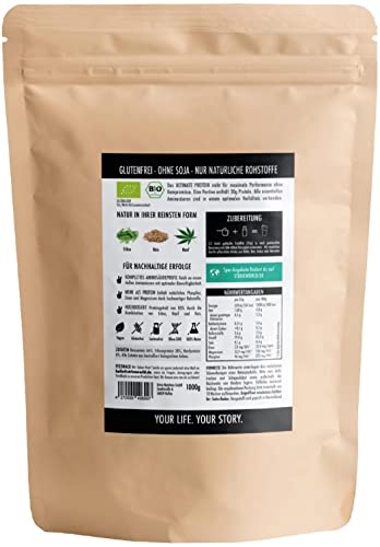 Ultimatives Bio Vegan Protein - 1Kg - 85% Proteingehalt - Reis Erbse Hanf - DE-ÖKO-039, ohne Soja, ohne Süßungsmittel