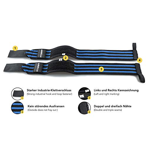 'Fitgriff® Handgelenk Bandagen 45cm für Fitness, Kraftsport & Crossfit (Schwarz/Blau)'
