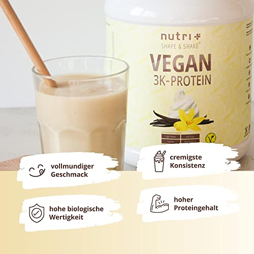 Vegan Protein Pulver Vanille 1kg 83% Eiweiß - 3k-Proteinpulver 1000g - Nutri + Shake Vanilla Cream Flavor - pflanzliches Eiweißpulver