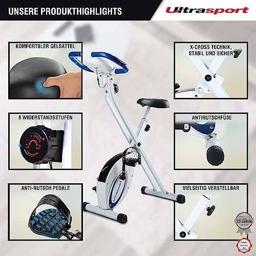 Ultrasport F-Bike, Basics, Fahrradtrainer, LCD-Trainingscomputer, klappbar, max. Benutzergewicht 110 kg, Pulsmessung, 8 Widerstandsstufen, Trimmrad, Navy.