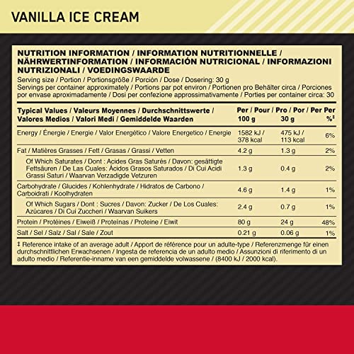ON Gold Standard 100% Molkepulver für Muskelaufbau und -regeneration, Vanille Eiscreme, 30 Portionen, 900 g.