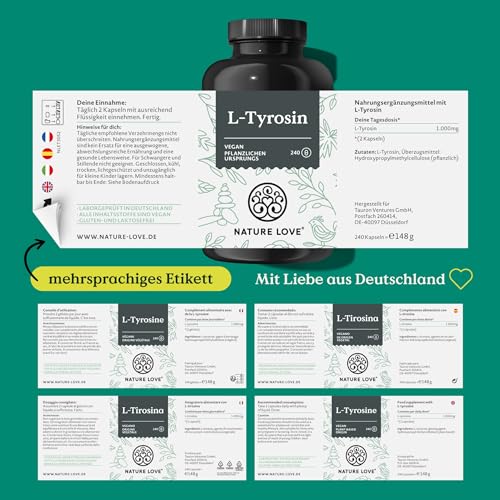 Veganes L-Tyrosin (240 Kapseln) - 1000 mg/Tagesdosis - 4 Monate Reichweite - aus Fermentation, laborgeprüft & in DE produziert - ohne Zusätze.