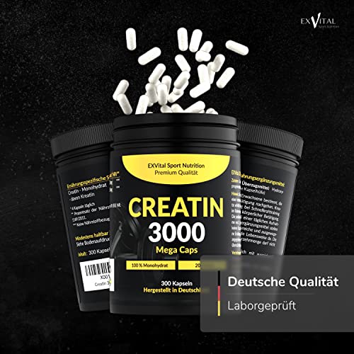 Creatin 3000 Mega Caps, Fitness-Booster, 4000 mg Creatin pro Tag, 300 vegane Kapseln, 100% rein, Mesh Faktor 200, Halal & Vegan.