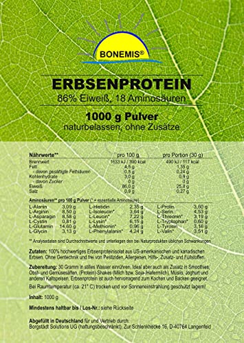 Bonemis® Erbsenprotein (86% Eiweiß, 18 Aminosäuren, vegan), 1 kg, ohne Zusatzstoffe