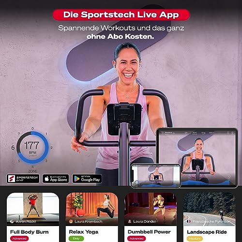 Fitness Fahrrad + Sportstech Live App mit Kursen für Full Body Workout-Erlebnis | Klappbar für zuhause | Komfortsitz, Handpulssensoren & Power Ropes | X150 Bike