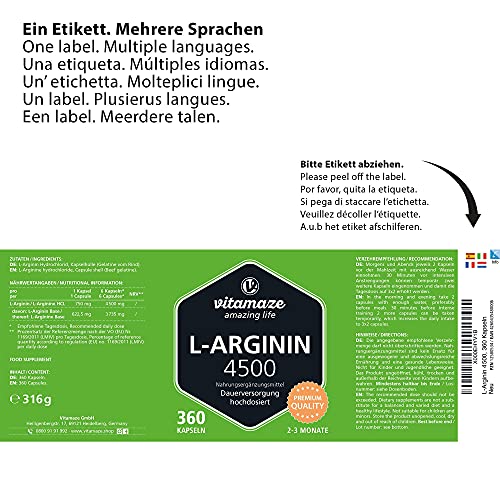 L-Arginin Kapseln 4500mg, 360 Stk., ohne Zusatzstoffe, Made in Germany.