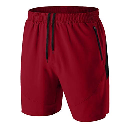 Herren Sport Shorts Kurze Hose Schnell Trocknend Sporthose Leicht mit Reißverschlusstasche(Rot,EU-XL/US-L)