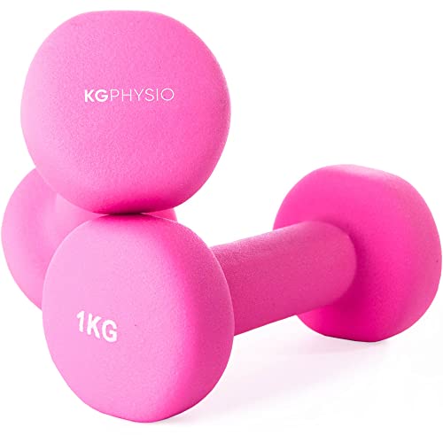KG Physio Hantelset mit A3-Übungsposter - Neopren Kurzhanteln 2er Set - Fitness Gewichte aus Gusseisen - Schweißabweisendes Kurzhantelset für Frauen und Männer - 1 kg, Pink