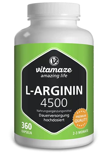 L-Arginin Kapseln hochdosiert 4500 mg je Tagesdosis, 360 Kapseln, Natürliche Nahrungsergänzung ohne unnötige Zusatzstoffe, Made in Germany