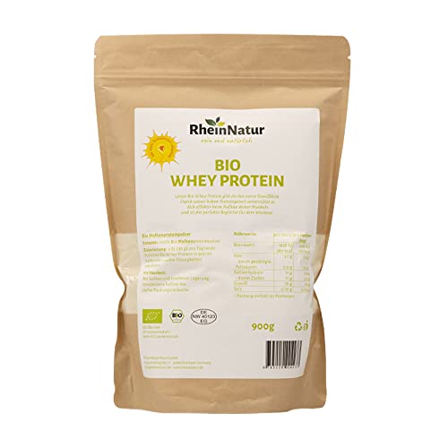RheinNatur Bio Whey Protein-Pulver 900 g - Geschmacksneutrales Eiweißpulver ohne Zusatzstoffe & ohne Soja - 100% reines Bio Molke-Protein für Proteinshakes
