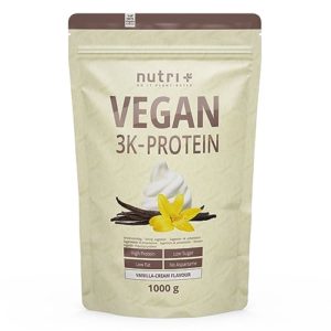 Vegan Protein Pulver Vanille 1kg 83% Eiweiß - 3k-Proteinpulver 1000g - Nutri + Shake Vanilla Cream Flavor - pflanzliches Eiweißpulver ohne Lactose, Aspartam, Zucker, Stevia & Milch