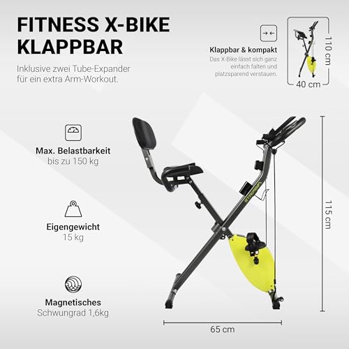MSPORTS X-Bike Premium + Bändern | Klappbar, LCD und Herzfrequenz (German translation of MSPORTS Fitness X-Bike Premium + resistance bands | Foldable exercise bike with backrest, LCD display and heart rate sensor)