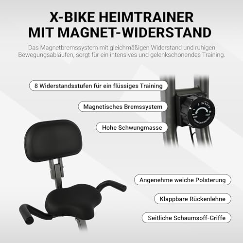 MSPORTS X-Bike Premium + Bändern | Klappbar, LCD und Herzfrequenz (German translation of MSPORTS Fitness X-Bike Premium + resistance bands | Foldable exercise bike with backrest, LCD display and heart rate sensor)