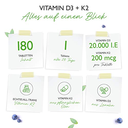 Vitamin D3 + K2 20.000 I.E und 200 mcg Menaquinon MK7 Depot - 180 Tabletten - 99,7+% All-Trans - Laborgeprüft - Vegetarisch - Hochdosiert - Premium Qualität.