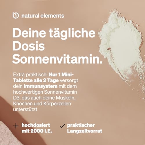 natürlichelemente Vitamin D3 2000 I.E. – 365 Tabletten – Knochen & Immunsystem - hochdosiert, ohne Zusätze – in Deutschland hergestellt & laborgeprüft