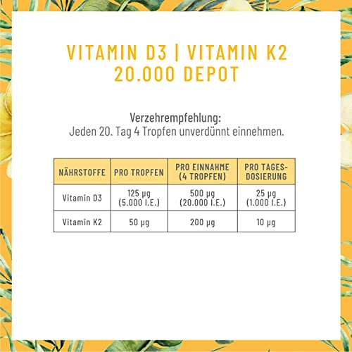 NATURTREU® Vitamin D3 K2 - 20.000 I.E D3 + K2 MK7 200 mcg tropfen, hochdosiert & vegan
