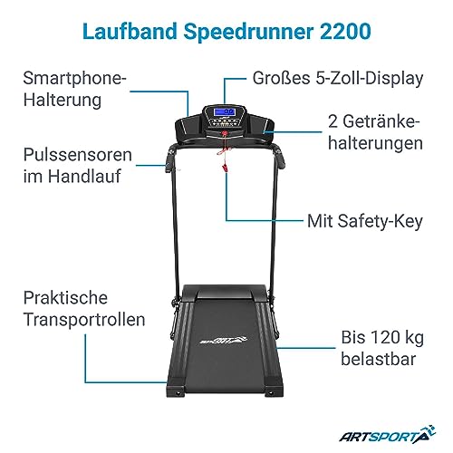 ArtSport Laufband Speedrunner 2200 klappbar - Heimgebrauch, 12 km/h, 12 Programme, Steigung, 5" Display, bis 120 kg.