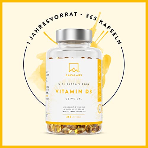 Vitamin D3 Depot 5000 IU 365 Kapseln - D3 5000 IE mit Olivenöl für optimale Aufnahme - D Hochdosiert, Gentechnik-, gluten-, laktosefrei.