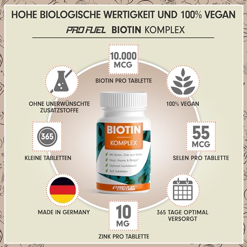 Biotin 10.000 mcg - 365 Tabl. mit Zink & Selen - für Haar, Haut & Nägel - vegan - 1 Jahr