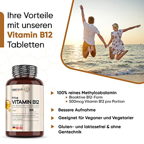 Vitamin B12 500 mcg Tabletten - 365 Mikrotabletten - 1 Jahr Vorrat - Methylcobalamin - Vegan & Vegetarisch - 1 Tablette täglich - Natürlich