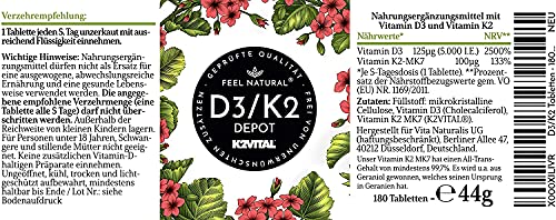 Vitamin D3 + K2 Depot - 180 Tabl. - 99,7% MK7 (K2VITAL®) - 5000 I.E. D3 & 100 mcg K2 pro Tab. - Laborgeprüft, made in Germany.