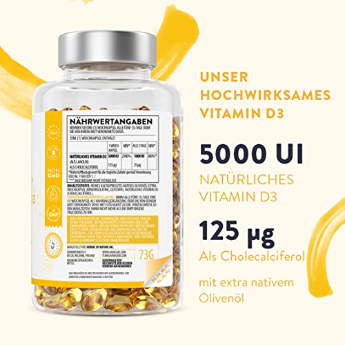 Vitamin D3 Depot 5000 IU 365 Kapseln - D3 5000 IE mit Olivenöl für optimale Aufnahme - D Hochdosiert, Gentechnik-, gluten-, laktosefrei.
