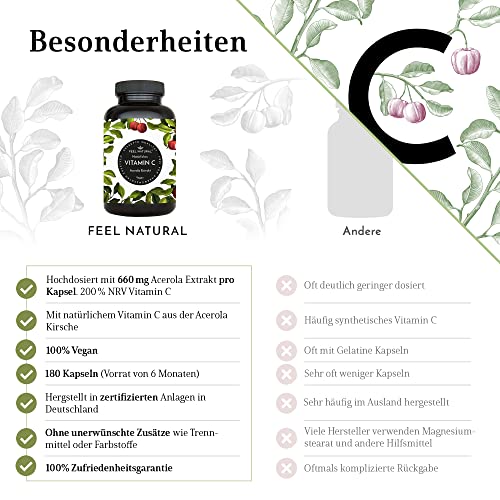 Acerola Kapseln - Natürliches Vitamin C - 180 vegane Kapseln - 6 Monate - Ohne Zusätze - Laborgeprüft, vegan, in Deutschland.