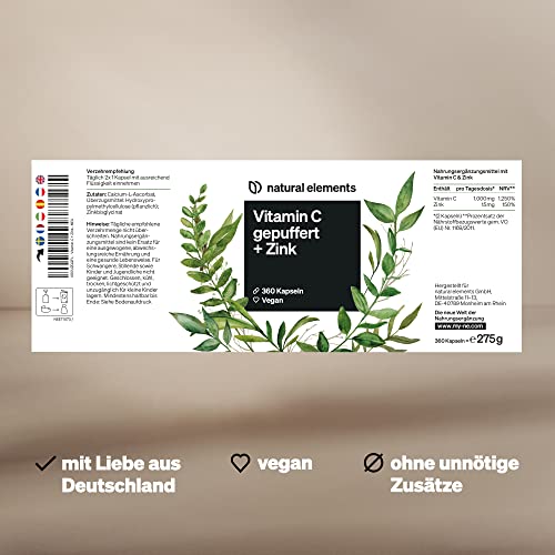 Vitamin C - 360 Kapseln - 1000mg +15mg Zink - Pflanzlich fermentiert & gepuffert - Laborgeprüft, vegan & in Deutschland hergestellt