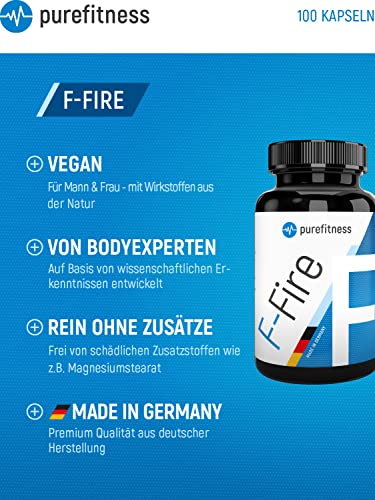 Purefitness F-FIRE für Stoffwechsel mit Koffein & Grüntee I 100 Kapseln für Tag + Vitamine B1, B2, B6, B12 & Niacin I Für Frauen & Männer [60 chars]