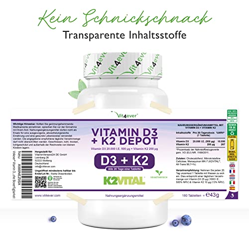 Vitamin D3 + K2 20.000 I.E und 200 mcg Menaquinon MK7 Depot - 180 Tabletten - 99,7+% All-Trans - Laborgeprüft - Vegetarisch - Hochdosiert - Premium Qualität.