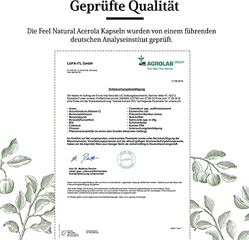 Acerola Kapseln - Natürliches Vitamin C - 180 vegane Kapseln - 6 Monate - Ohne Zusätze - Laborgeprüft, vegan, in Deutschland.