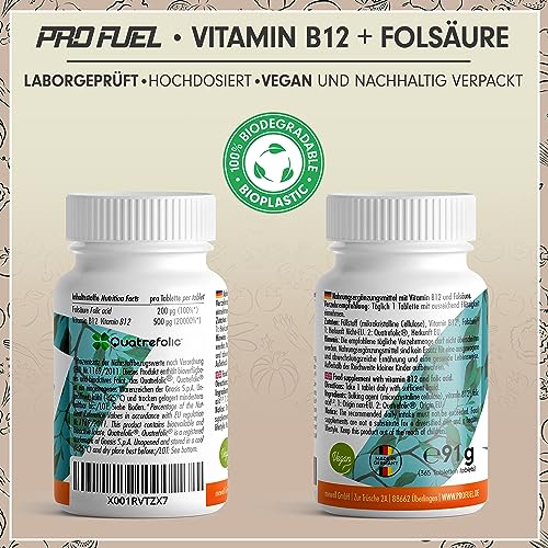 Vit B12 hochdosiert - bio, 365 Tabletten - 500µg B12 + Folsäure 200µg pro Tag - Methylcobalamin, Adenosylcobalamin & Hydroxocobalamin B12