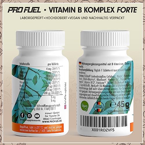 Vitamin B Komplex hochdosiert - 180 Tabl. - alle 8 B-Vitamine (B1, B2, B3, B5, B6, B7, B9, B12) mit Aktivformen, Cholin & Myo-Inositol, vegan
