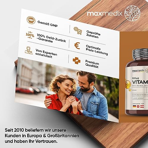 Vitamin B12 500 mcg Tabletten - 365 Mikrotabletten - 1 Jahr Vorrat - Methylcobalamin - Vegan & Vegetarisch - 1 Tablette täglich - Natürlich