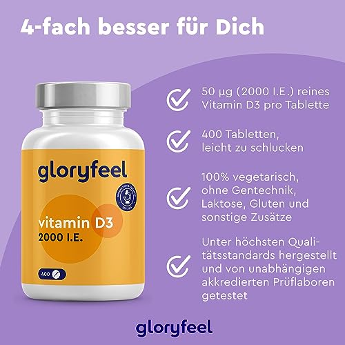 Vitamin D3 2000 IE - 400 Tabl (13 Mon) hochd - Sonnenvit. Immun & Knochen - 100% Cholecalciferol - Lab getest./o. Zusätze, made in DE.
