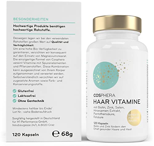 Cosphera Haar-Vitamine - Biotin, Selen, Zink für Haare. + Folsäure & Hirse Samen Extrakt - 120 Kapseln, 2 Monate.