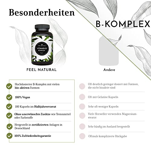 Vitamin B Komplex - 180 veg. Kapseln - 500µg B12 - alle 8 B-Vitamine (B1, B2, B3, B5, B6, B7, B9, B12) - Mit bio-aktiven B-Formen - Laborgeprüft, DE produziert