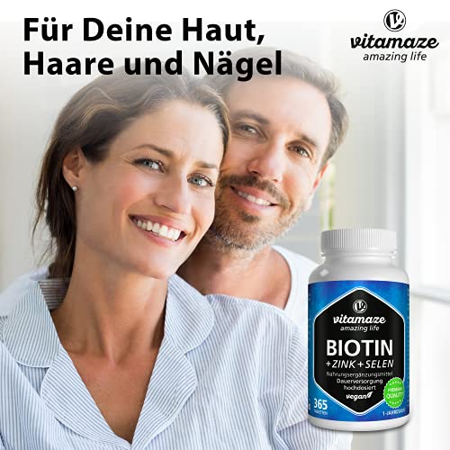 Biotin 10.000 mcg + Selen + Zink für Haar, Haut & Nägel, 365 Tabl., vegan, ohne Zusatzstoffe, Made in Germany.