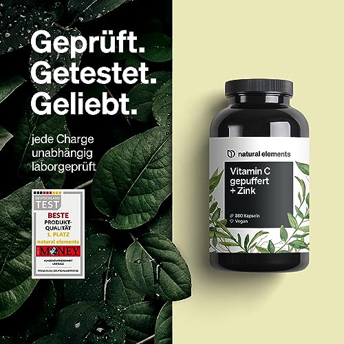 Vitamin C - 360 Kapseln - 1000mg +15mg Zink - Pflanzlich fermentiert & gepuffert - Laborgeprüft, vegan & in Deutschland hergestellt