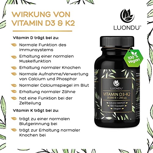 Luondu Vitamin D3 20.000 I.E + Vitamin K2 MK7 200 mcg Depot (180 Kapseln Hochdosiert & Vegan) DE
