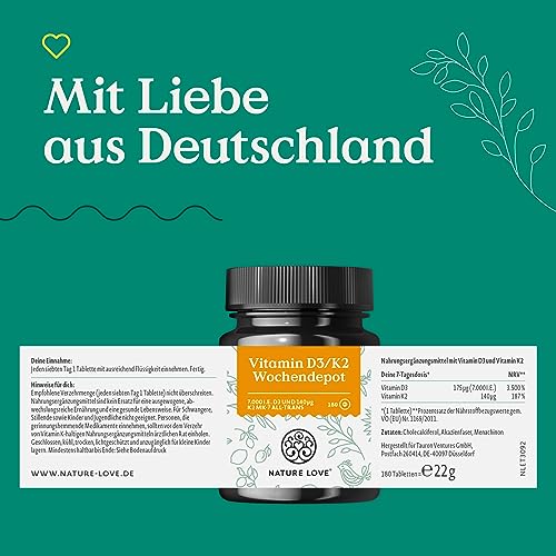 Vit D3 K2 Wochendepot-180 veg Tabletten-7000IE D3 + 140µg K2 pro Tblt->99,7% all-trans-Hochdosiert&vegan-Laborgeprüft, prod in Deutschland (59 chars)