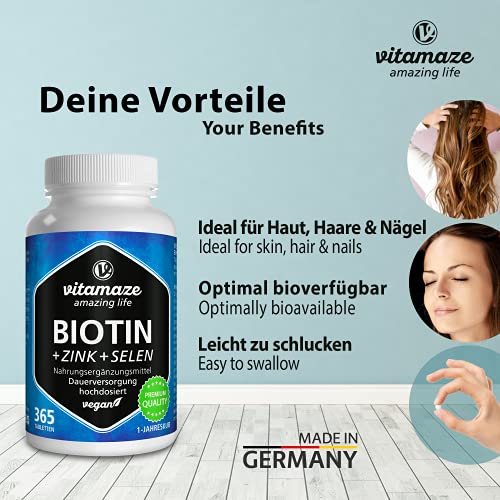 Biotin 10.000 mcg + Selen + Zink für Haar, Haut & Nägel, 365 Tabl., vegan, ohne Zusatzstoffe, Made in Germany.