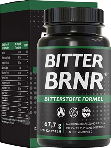 BITTER BRNR Bitterstoffe Formel und Stoffwechsel Komplex mit Vitamin B2, Verdauungsenzyme mit Calcium, Alternative zu Bitterstoffe Tropfen, 120 Kapseln