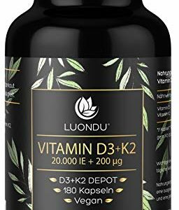 Luondu Vitamin D3 20.000 I.E + Vitamin K2 MK7 200 mcg Depot (180 Kapseln Hochdosiert & Vegan) hochdosiert I Ohne Zusätze, Hergestellt in DE