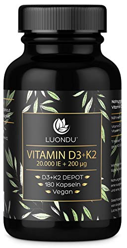 Luondu Vitamin D3 20.000 I.E + Vitamin K2 MK7 200 mcg Depot (180 Kapseln Hochdosiert & Vegan) hochdosiert I Ohne Zusätze, Hergestellt in DE