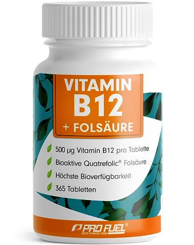 VITAMIN B12 hochdosiert - 365 Tabletten - 500µg Vit B12 + FOLSÄURE 200µg pro Tag - Methylcobalamin, Adenosylcobalamin & Hydroxocobalamin B12 + bioaktive Quatrefolic® Folsäure - 100% vegan