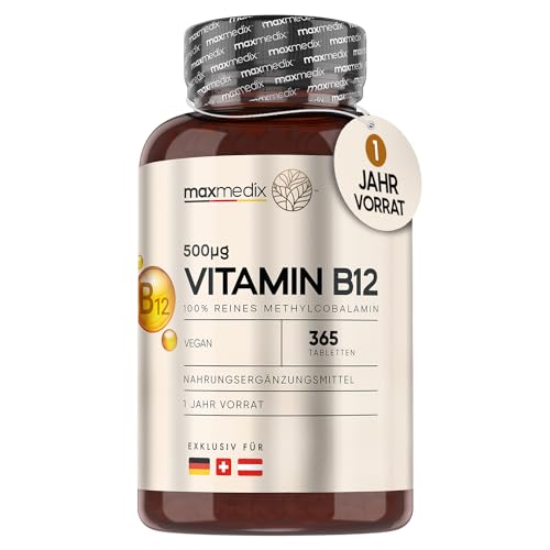 Vitamin B12 Tabletten - 500 mcg je Tagesdosis - 365 Mikrotabletten - 1 Jahr Vorrat - Reines Methylcobalamin B12 - Vegan & Vegetarisch - 1 Vit B12 Tablette pro Tag - Natürlich - Pure B12 von maxmedix