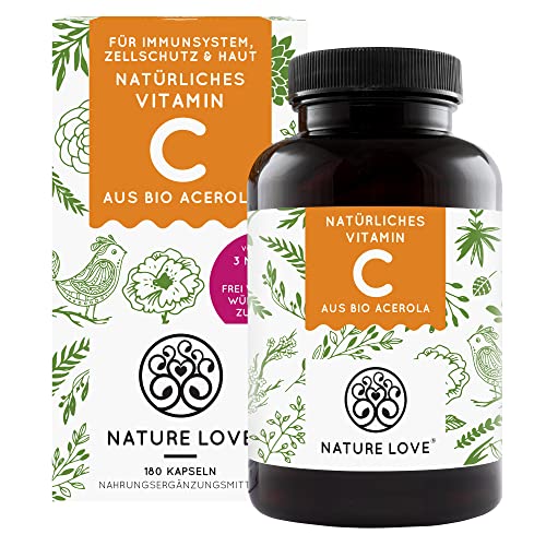 NATURE LOVE® Natürliches Vitamin C aus Bio Acerola Extrakt - 180 Kapseln - Laborgeprüft, vegan und in Deutschland produziert