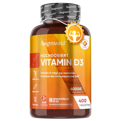 Vitamin D3 4000 IE - 400 Tabletten (1 Tablette alle 4 Tage) - Sonnenvitamin für Immunsystem, Knochen, Zähne & Muskeln* (EFSA) - 100% Reines Cholecalciferol Vitamin D - Geprüfte Zutaten - WeightWorld